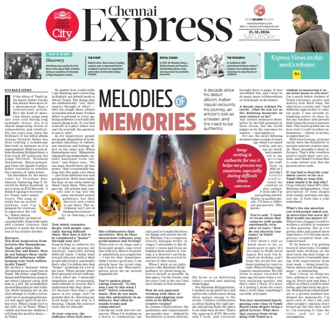 Diya Maria George (@diyamag18) on Twitter photo A decade since his debut album, <a href="/kabervasuki/">Kaber Vasuki . கேபர் வாசுகி</a> recounts his journey, an artiste’s role as a healer, and the need to be authentic.
Read: newindianexpress.com/cities/chennai…
<a href="/NewIndianXpress/">The New Indian Express</a> <a href="/xpresstn/">TNIE Tamil Nadu</a> <a href="/tniefeatures/">TNIE Features</a> A decade since his debut album, <a href="/kabervasuki/">Kaber Vasuki . கேபர் வாசுகி</a> recounts his journey, an artiste’s role as a healer, and the need to be authentic.
Read: newindianexpress.com/cities/chennai…
<a href="/NewIndianXpress/">The New Indian Express</a> <a href="/xpresstn/">TNIE Tamil Nadu</a> <a href="/tniefeatures/">TNIE Features</a>