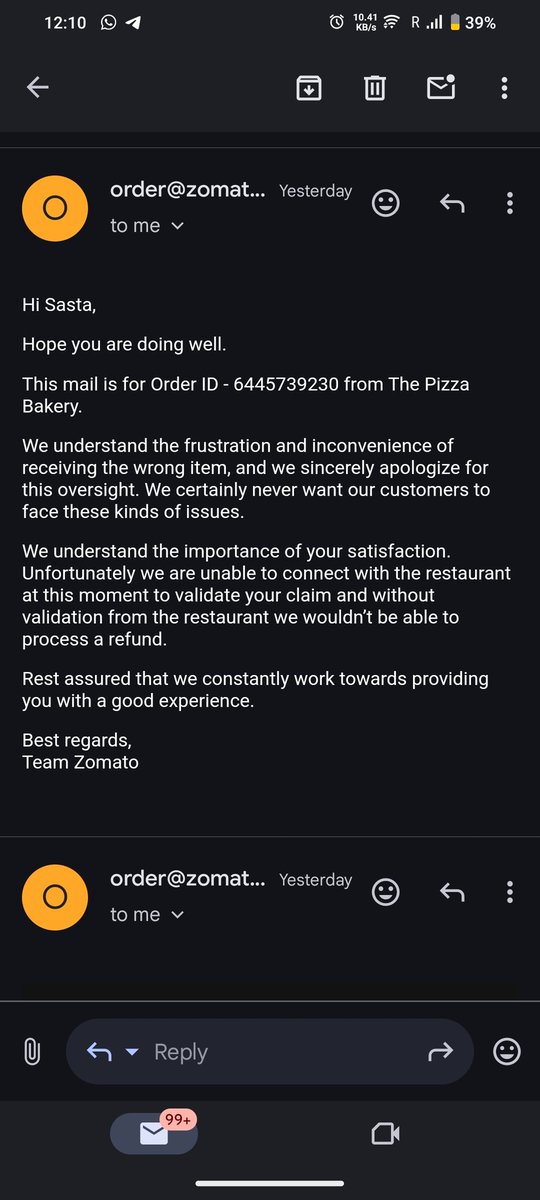 redroboo's tweet photo. Hey @zomatocare seems like your care is not caring 😭, I raised a complaint for the wrong item with order slip and appropriate video but this is what i get in a response even after good proofs 

Cc @zomato https://t.co/M1DgqETeiQ