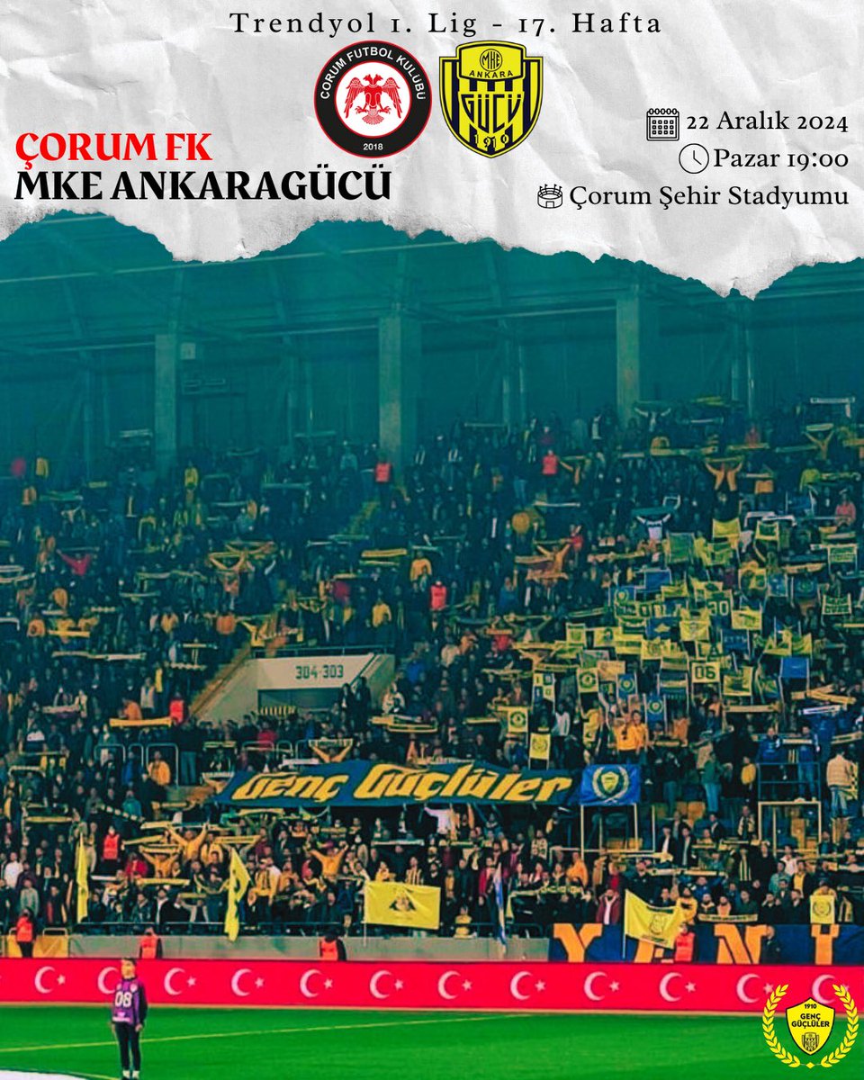 MAÇ GÜNÜ | MATCH DAY 
🏆 Trendyol 1. Lig 17.Hafta 
🏟️  Çorum Şehir Stadyum 
🆚  Çorum Fk - Mke Ankaragücü’müz 
📅 22.12.2024 
⏰ 19:00
“ Buralar hep köy kasaba “ 
#Ankaragücü #GençGüçlüler #matchday
