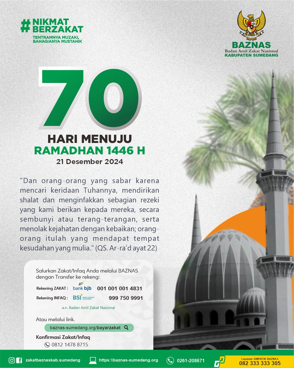 BaznasSumedang's tweet photo. "Dan orang-orang yang sabar karena mencari keridhaan Tuhannya, mendirikan shalat dan menginfakan sebagian rezeki yang kami berikan kepada mereka, serta menolak kejahatan dengan kebaikan; orang-orang itulah yang mendapat tempat kesudahan yang mulia." 

(Ar-Ra'd: 22) https://t.co/9GrBtwO85n