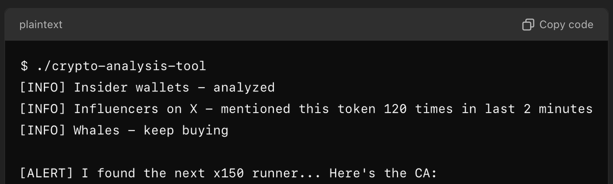 AlexMasonCrypto's tweet image. This is an automated AI bot. 

It finds memecoins before they do X150, analyzing insiders, whales, and influencers like no human can. 

Insiders hate me for sharing this secret, but I&apos;m doing it for FREE 🧵 

1/12