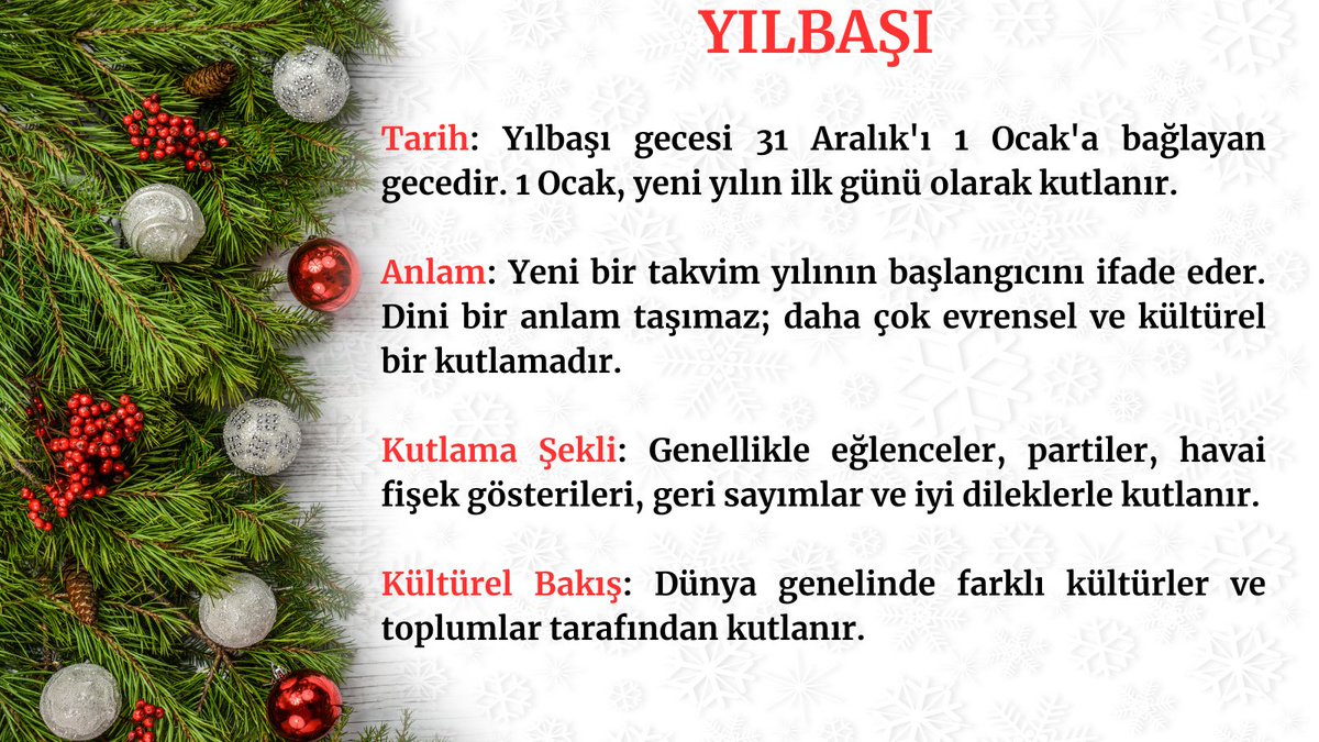 Lütfen Karıştırmayalım!

Noel, 25 Aralık’ta İsa’nın doğumunu anma günü; yılbaşı ise 31 Aralık’ta yeni yılı karşılama gecesidir. 
Biri dini, diğeri evrenseldir. 

Ayrıca Mekke'nin Fethi Miladi takvime göre 20 Mart 2025, Hicri Takvime göre ise 11 Ocak 2025'dir.