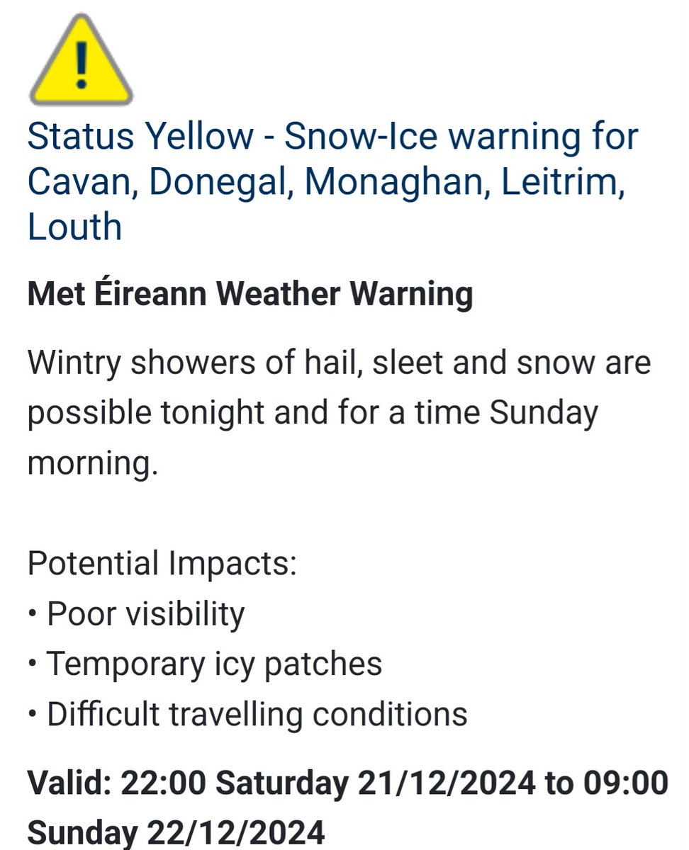 leitrimcoco's tweet photo. Met Éireann #StatusYellow #WeatherWarning.
Wintry showers of hail, sleet and snow are possible tonight and for a time on Sunday. Warning effective from 10pm tonight until 9am tomorrow morning.
#Leitrim #Snow #Sleet #Hail. https://t.co/d03GnsUI6Y