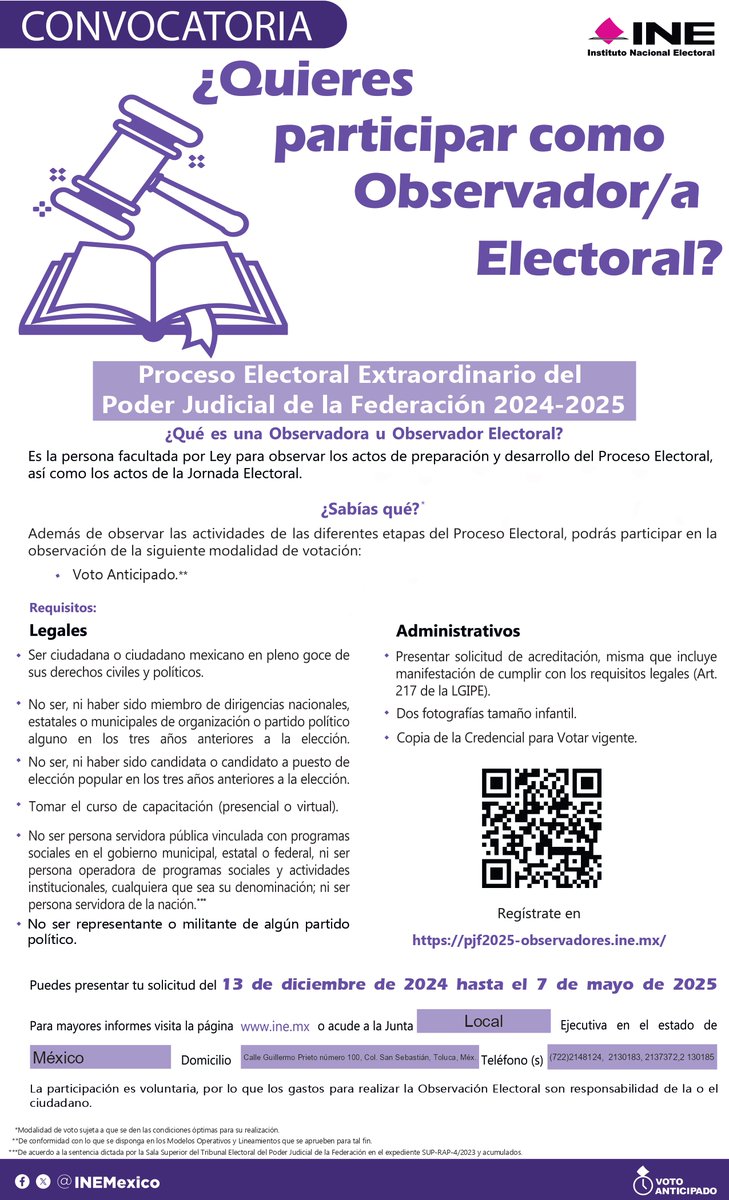 Personas Observadoras Electorales Proceso Electoral Extraordinario del Poder Judicial de la Federación 24 – 25.

📅 Recepción de solicitudes del 13 de diciembre 2024 hasta el 7 de mayo 2025.

📅 A partir del 6 de enero podrás registrarte a través del portal público.
