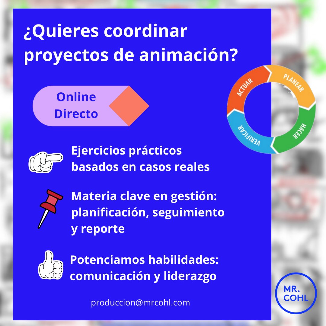 MrCohl's tweet photo. Imagínate coordinando el equipo de producción de una serie o película de animación. Si te conviertes en un Coordinador-a de Producción asumirás más responsabilidades, te preparamos.
Irás de la mano de la experta @BelliRamirez , fundadora de @MrCohl  
https://t.co/KfnvQ4wOXw https://t.co/j1WToc28po