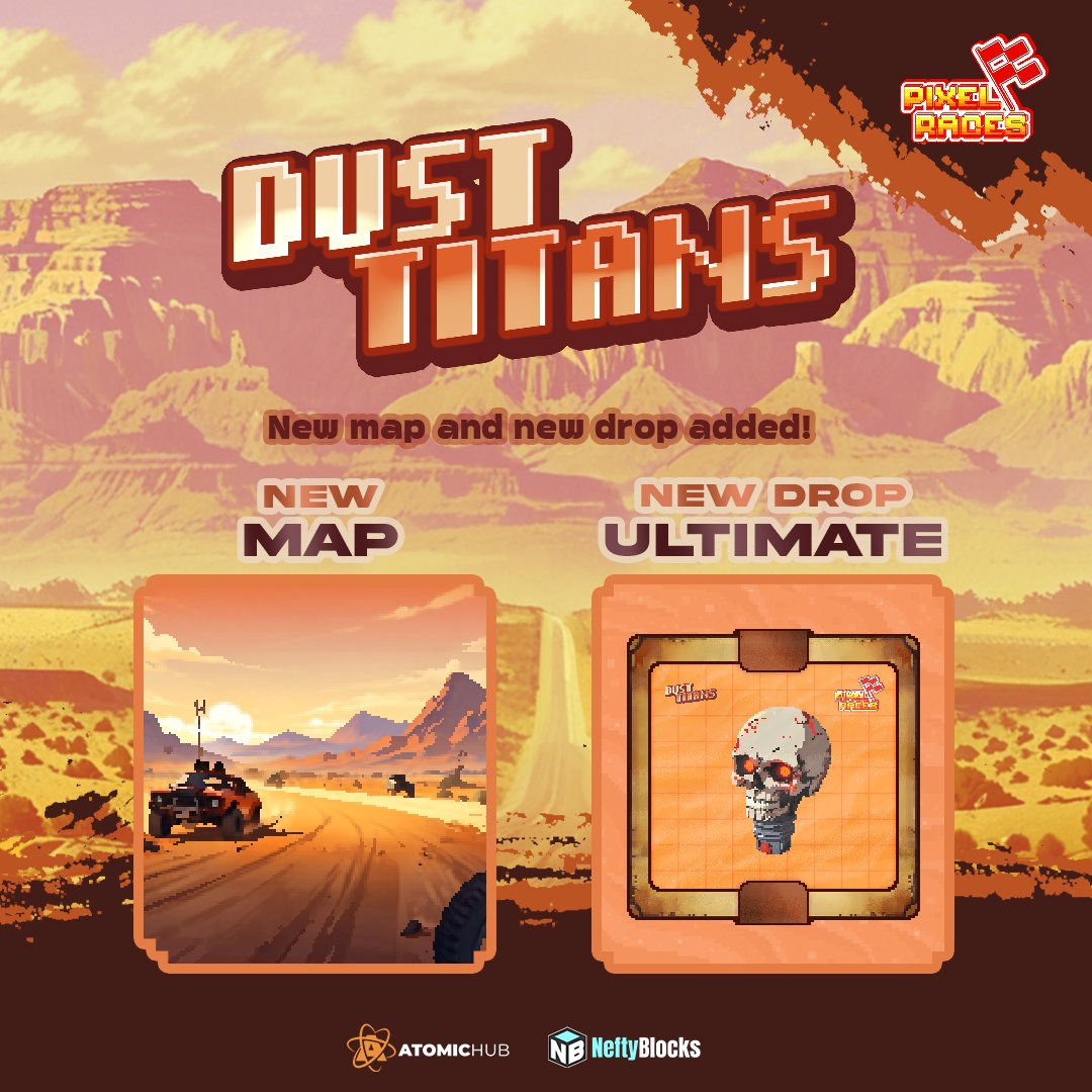 pixelracesgo's tweet photo. 🚗💨 Dust Valley is here!

Face the desert, master the dunes, and prove you’re a true Dust Titan! 🌵🔥

✨ Win &amp; drop boosts for Dust Titans NFTs!
🎁 Exclusive drop: Death Skull Grip, the first Ultimate rarity item! 🚀

🔗https://t.co/TKv99DQAjY

🏁⚡ #DustTitans #DustValley #wax https://t.co/MuMxrekF1f