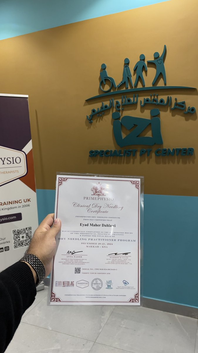 Officially… 🎉

Certified Dry Needling Practitioner. 

New step towards enhancing my skills and improving other’s quality of life. 🌟

Big Thank you to <a href="/IziSpecialist/">مركز المختص للعلاج الطبيعي</a> , @Primephysiouk for their hosting and professionalism and exceptional training. 💫