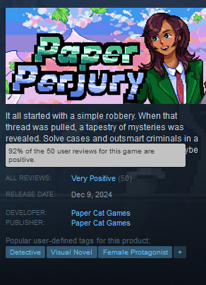 Papercatgames's tweet photo. Paper Perjury has just hit 50 reviews! Thank you to all everyone who wrote a review. https://t.co/owrnsOLTh9