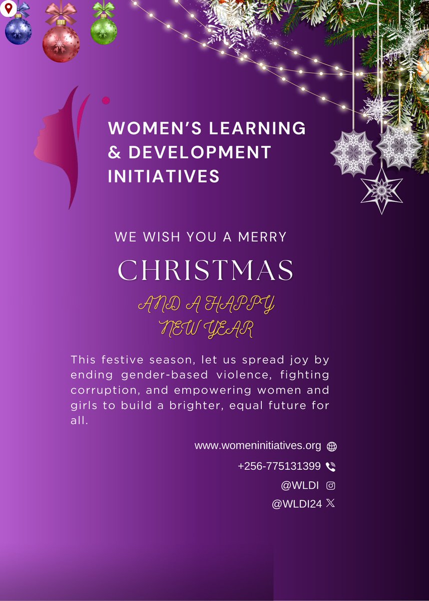 🎄 Season’s Greetings from WLDI! 🎄  

Wishing you peace, joy, and hope!!

#GlobalFundForWomen #UWONET #FIDAUganda #WomenProbonalInitiatives #NationalWomensPeaceCenter #UNWomen #UNICEF #HADUganda #ATEIUganda #COWIBKenya #WomenOfUgandaNetwork #ElectoralCommission #LASPNET
