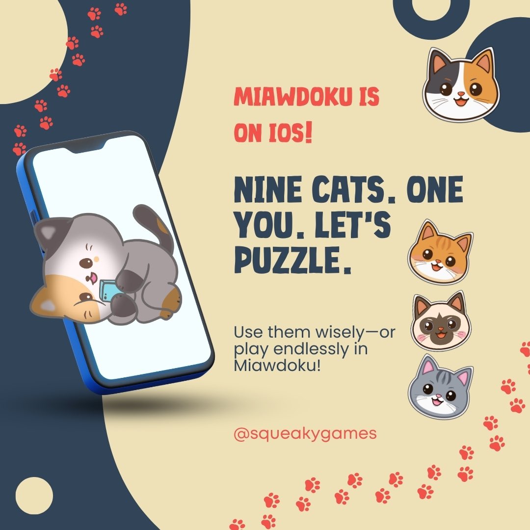 squeakygamesinc's tweet photo. Who needs 9 lives when you have 3? 😺 Use them wisely—or play endlessly in Miawdoku!
✨ Download on iOS today. Visit https://t.co/fnyhxjOvp8 #Miawdoku #sudoku #catlovers #catsofinstagram #squeakygames #gameon #braingames #indiegamedev #mobilegames #indiegame #kitty #gamedev https://t.co/YhENY5rPCW