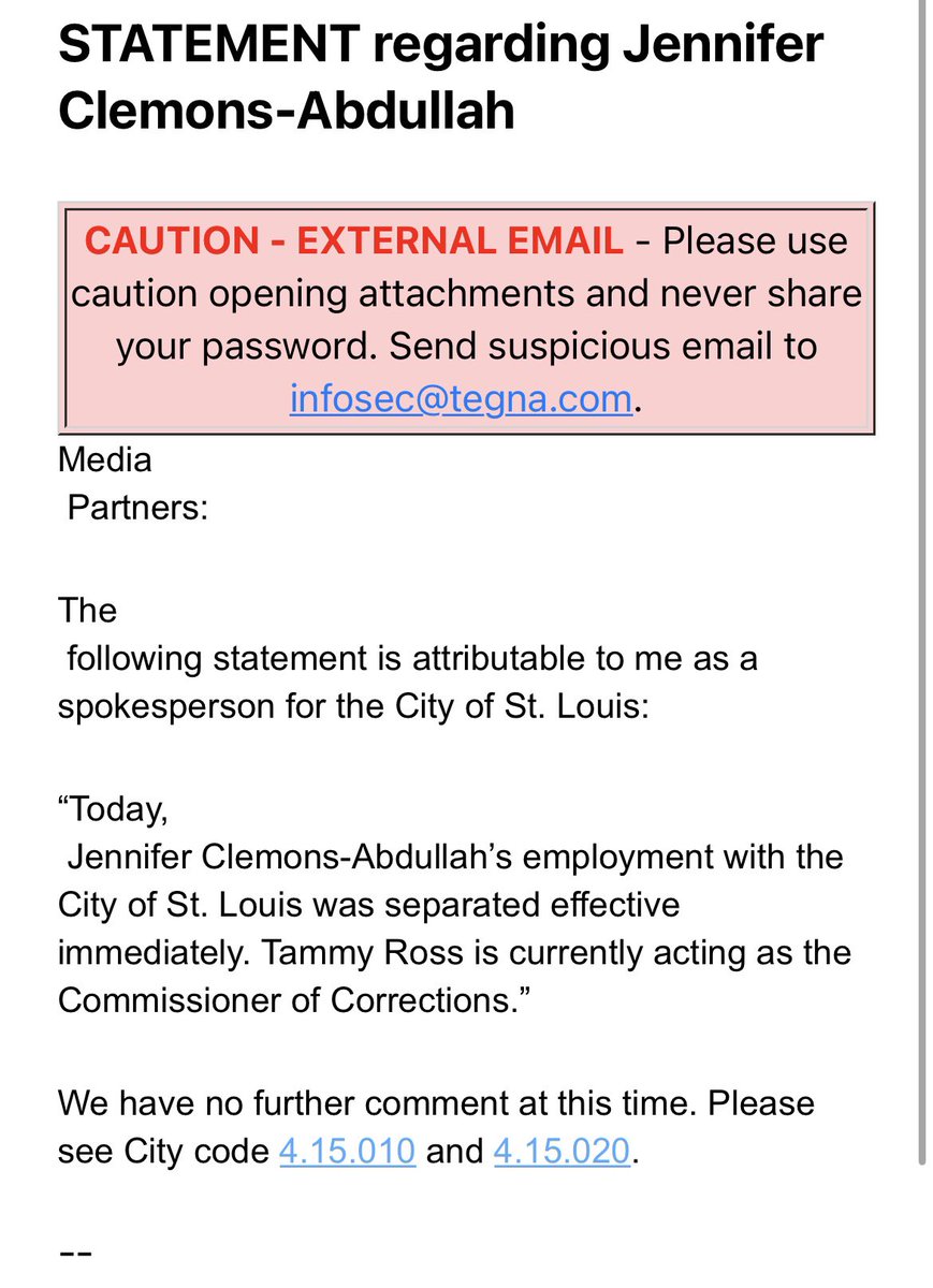 INBOX: The St. Louis commissioner of corrections is out. No reason or any more information was given.