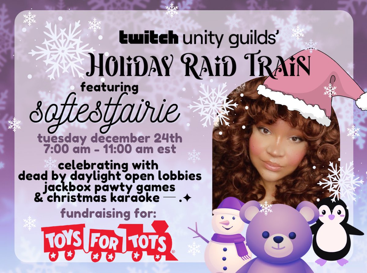 softestfairie's tweet photo. หโโฉโงโโ verrie happy to announce that i will be joining the #TwitchUnity holiday raid choo-choo train, raising money for #ToysForTots ๐ฅน๐๐งโกเป๊ฑ.* will be posting incentives verrie soon! canโt waittt to spend christmas eve together shortcakes ๐โ.เณเฟ*:๏ฝฅ https://t.co/4K4Pbn55e4