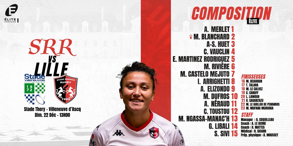 Élite : Stade Villeneuvois x Stade Rennais Rugby ⛈️

La composition de nos Rennaises pour le dernier match de la phase aller ! ❤️🖤

7️⃣ Castelo Mejuto troisième ligne  
1️⃣5️⃣ Sivi titulaire
1️⃣6️⃣ Beaurain de retour 
🗓️ Dimanche 22 Décembre
🏟️ Stade Thery 
⏰ Coup d’envoi 13h