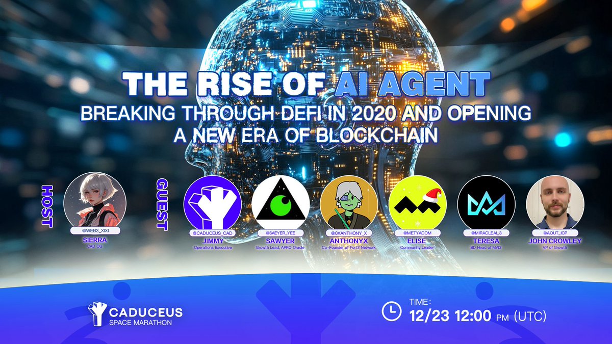 🎙️ Join <a href="/Caduceus_CAD/">Caduceus</a> on Space!  
🌟The rise of AI Agent: Breaking through DeFi in 2020 and opening a new era of blockchain

⏰12/23, 12:00 PM (UTC)
🎤Host: Sierra <a href="/web3_Xixi/">Sierra</a> 
♥️Guests:
Jimmy, Operations Executive at <a href="/Caduceus_CAD/">Caduceus</a> 
Sawyer, Growth Lead of <a href="/APRO_Oracle/">APRO |🔶NO.1 Oracle 🇦🇪</a> 
AnthonyX,