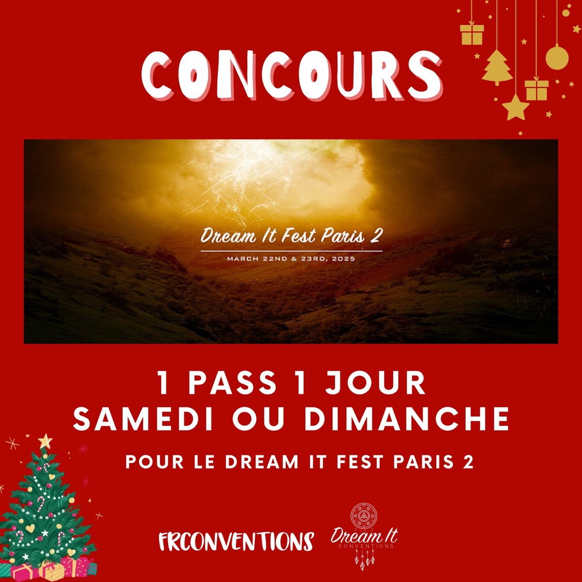 FrConventions's tweet image. [CONCOURS NOËL 🎄]
Remporte un pass 1 jour (au choix) pour le #DIFParis2 de @DreamItCon ! Pour ce faire :
- RT ce tweet
- Follow @FrConventions + @DreamItCon
- Abonne-toi à notre chaîne YouTube : youtube.com/@FrConventions

TAS le 04/01
