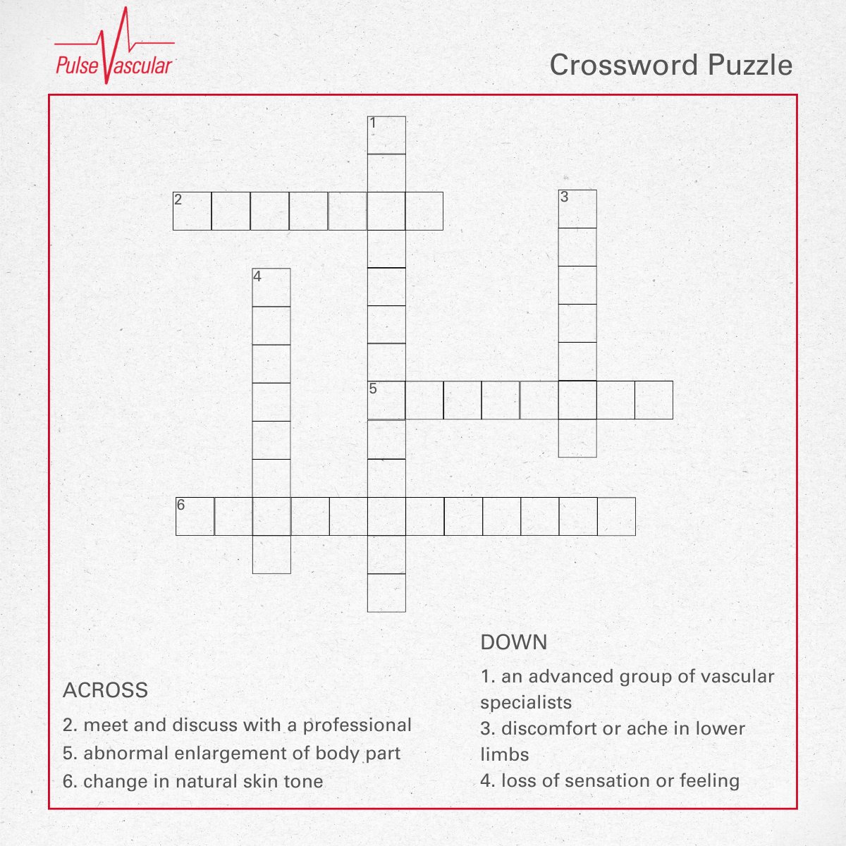 PulseVascular's tweet photo. Today is National Crossword Puzzle Day! 📝 Test your vocabulary with our custom crossword challenge and share your answers! 

Dealing with leg pain? Contact #PulseVascular at (631) 534-7256. #CrosswordPuzzleDay https://t.co/7CfulIqtvr