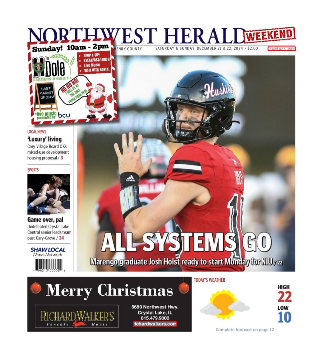 Today’s <a href="/nwherald/">Northwest Herald - Shaw Local</a> cover features <a href="/MarengoHSsports/">Marengo Athletics</a> grad Josh Holst, who will start at quarterback for <a href="/NIU_Football/">NIU Football</a> for Monday’s Famous Idaho Potato bowl game against Fresno State. <a href="/FbMarengo/">Marengo_FB</a> 

Story by <a href="/DDCEddieCarifio/">Edward Carifio</a>: shawlocal.com/daily-chronicl…