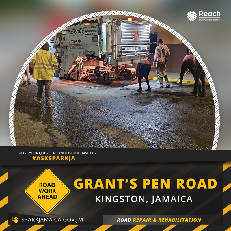 AskSparkjamaica's tweet photo. #REACH is coming to town! 🎄 🚧 With the MHPM's announcement that road repairs are to continue into the Christmas season, work continued last night on Grant's Pen Road with preparation being done for patching. #REACHProgramme #AskSParkJA @nestaja