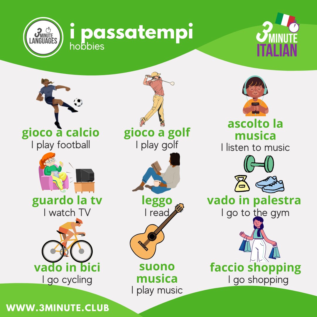 3MLanguages's tweet photo. Here are some phrases you can use to build your own sentences for talking about your hobbies in Italian. Can you add any others in the comments?
#Italian #LearnItalian #learningItalian #ItalianWOTD #LearnItalianOnline #ItalianVocabulary
https://t.co/PoHkogYjAK https://t.co/SY9p6A0TaI