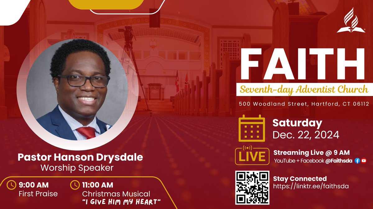 faith_sda's tweet photo. Sabbath Flow
A Christmas celebration honoring the birth of our Savior through praise and reflections 

9 AM - First Praise | Pastor Hanson Drysdale 
10 AM - Sabbath School Panel 
11 AM - Divine Worship | "I Give Him My Heart"  

Stay connected by visiting https://t.co/kd3x8wCOdL https://t.co/cnOO5hBZnN