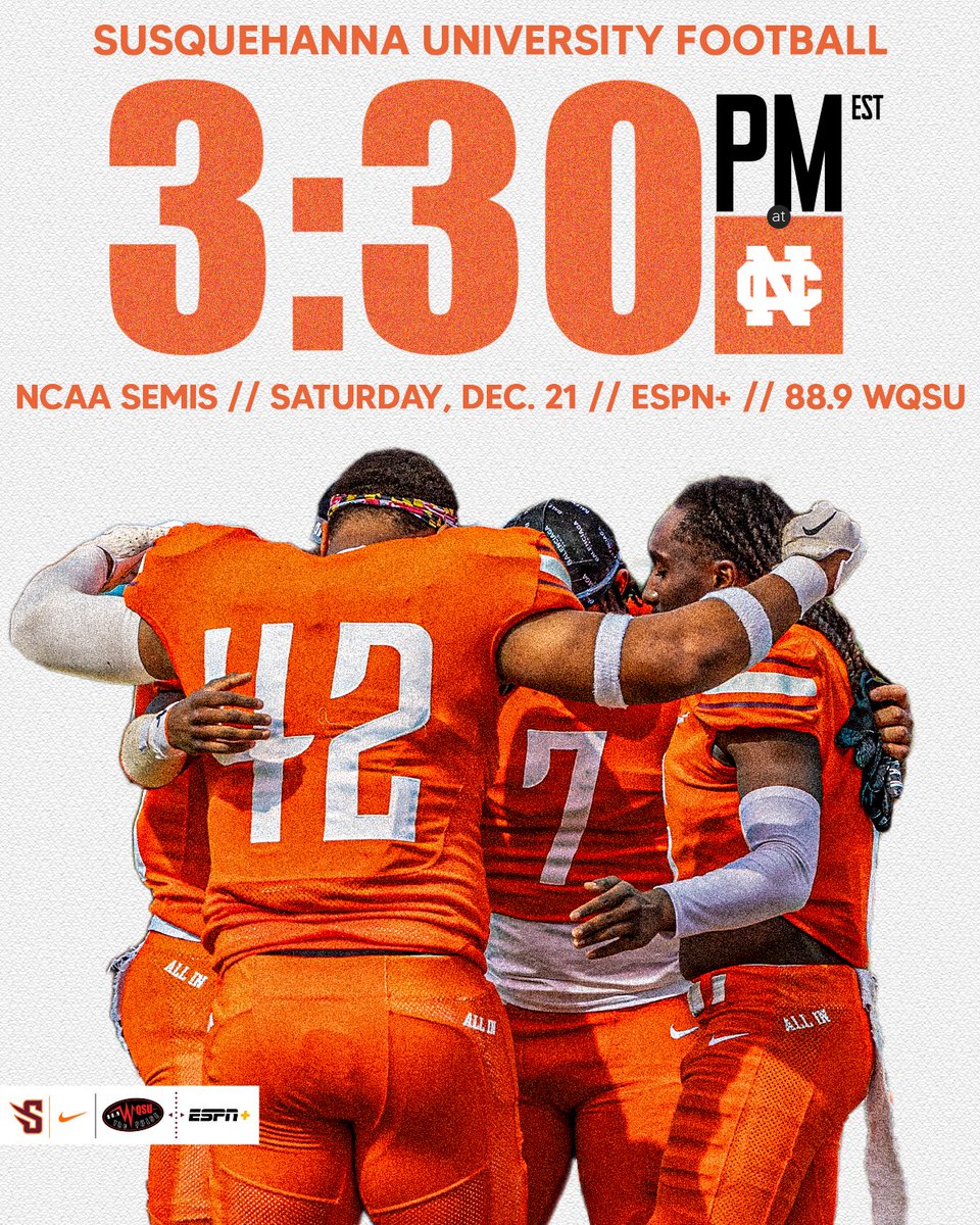 Susquehanna Athletics (@gosusqu) on Twitter photo FB | ๐๐๐๐๐๐๐!!!
๐ <a href="/NCAADIII/">NCAA Division III</a> Semifinals
๐ North Central
๐๏ธ Benedetti-Wehrli Stadium
๐ Naperville, Ill.
๐ 2:30 PM CT / 3:30 PM ET
๐ฅ suriverhawks.com/live
๐ tinyurl.com/yr3b88c4
๐ป suriverhawks.com/wqsu
#ALLIN x #GOSUSQU x SURIVERHAWKS.COM FB | ๐๐๐๐๐๐๐!!!
๐ <a href="/NCAADIII/">NCAA Division III</a> Semifinals
๐ North Central
๐๏ธ Benedetti-Wehrli Stadium
๐ Naperville, Ill.
๐ 2:30 PM CT / 3:30 PM ET
๐ฅ suriverhawks.com/live
๐ tinyurl.com/yr3b88c4
๐ป suriverhawks.com/wqsu
#ALLIN x #GOSUSQU x SURIVERHAWKS.COM
