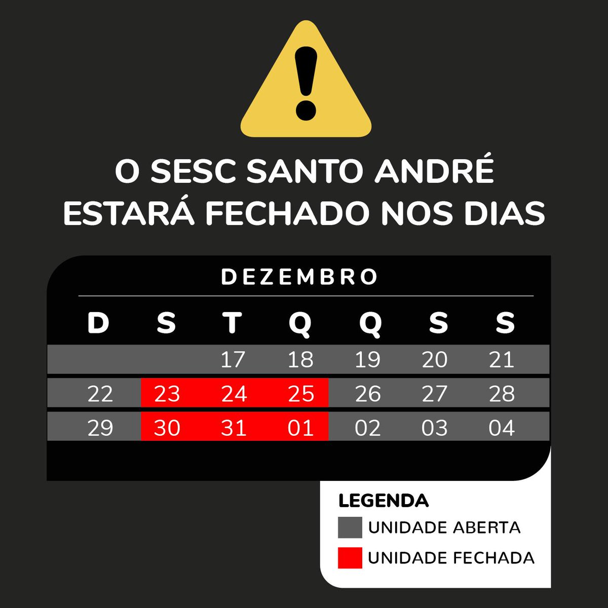 Final de ano, aquela preguiça, nada pra fazer...
Que nada! 

Fique por dentro dos nossos horários de funcionamento nos feriados, e vem pra cá!

E não se esqueça de sempre dar uma olhadinha no nosso portal (o link está na bio) para ficar por dentro do que está rolando por aqui 📷