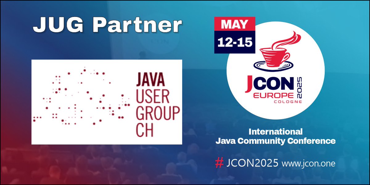 We are happy to have <a href="/jugch/">JUG Switzerland</a> back as a partner of #JCON2025!

For all #JUG members we offer 1,000 free #JavaUserGroup tickets!
First come, firste serve!
#JCON #Java <a href="/patbaumgartner/">Patrick Baumgartner</a> 

Free JUG ticket: pretix.eu/impuls/europe2…

Become a partner JUG: jcon.koeln/#partner