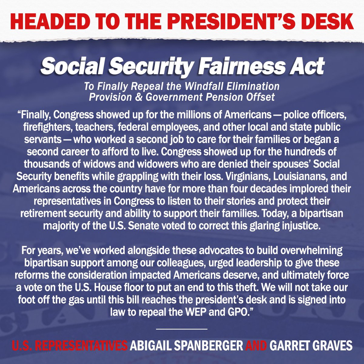 Archive: Rep. Abigail Spanberger (@repspanberger) on Twitter photo The #SocialSecurityFairnessAct is headed to the president's desk to deliver retirement benefits that police officers, firefighters, educators, federal employees, and other public servants earned — but have for decades been denied.
<a href="/POTUS/">President Donald J. Trump</a>, now let's get it done. The #SocialSecurityFairnessAct is headed to the president's desk to deliver retirement benefits that police officers, firefighters, educators, federal employees, and other public servants earned — but have for decades been denied.
<a href="/POTUS/">President Donald J. Trump</a>, now let's get it done.
