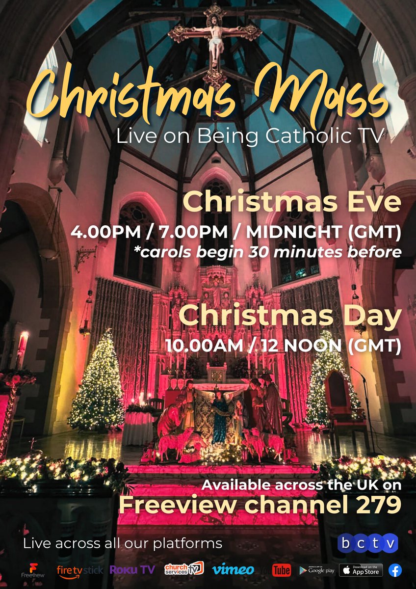 BeingCatholicTV's tweet photo. Join us for the celebration of Christmas on Being Catholic TV. This is a great way for the sick and housebound to join us in the liturgy of the Lord’s Birth.

LIVE across the UK on Freeview channel 279 and across all our platforms.

Full details below. Please share with family, friends and fellow parishioners.