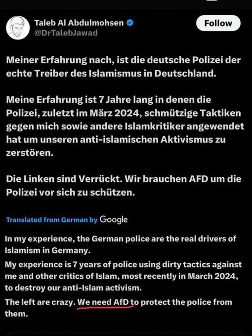 Dilly Hussain (@dillyhussain88) on Twitter photo Taleb Abdulmohsen, the secular atheist:
- Loves <a href="/Israel/">Israel ישראל</a>
- A fan of <a href="/TRobinsonNewEra/">Tommy Robinson 🇬🇧</a>
- A fan of <a href="/elonmusk/">gorklon rust</a>
- Supports <a href="/AfD/">AfD</a>
What should we make of the above? Taleb Abdulmohsen, the secular atheist:
- Loves <a href="/Israel/">Israel ישראל</a>
- A fan of <a href="/TRobinsonNewEra/">Tommy Robinson 🇬🇧</a>
- A fan of <a href="/elonmusk/">gorklon rust</a>
- Supports <a href="/AfD/">AfD</a>
What should we make of the above?