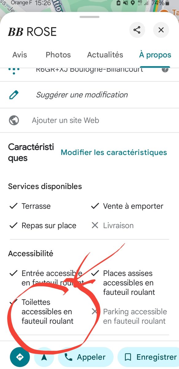 Brasserie #BBRose à #BoulogneBillancourt. Il y a 1 #FauteuilRoulant sur la fiche #Google. 
Ds le détail, les #toilettes sont dites #accessibles ce qui est #FAUX! Elles sont au sous-sol avec #escaliers. #discrimination #handicap #mensonge