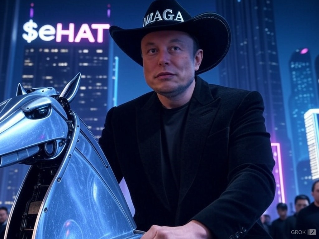 ElonsCowboyHat's tweet photo. Riding into the future with #ElonsCowboyHat! 🧑‍🚀🤠 Picture this: Elon Musk, donning a sleek black cowboy hat with a bold 'MAGA' inscription, atop a futuristic robotic horse, galloping through a neon-lit cityscape. And there, shining like a beacon in the night, is the iconic $eHAT. This isn't just a journey; it's a statement of innovation meeting tradition, where the wild west spirit meets cutting-edge technology! Join the ride, embrace the vision, and let's shape a future where the only limit is the horizon! 🚀 #FutureWithElon #InnovationMeetsTradition $eHAT
