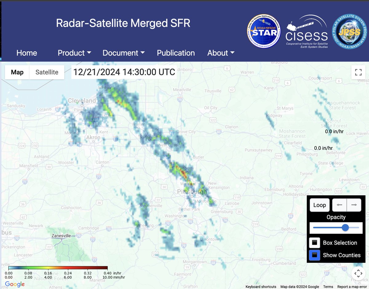 Narrow, yet intense lake bands over the northern Pittsburgh metro

Satellite snowfall rate product shows rates in the heart of the band of >0.1" QPF an hour (~1" snow an hour)

Given high ratios, rates in the heart of the band are expected to be greater than 1" an hour

#pawx