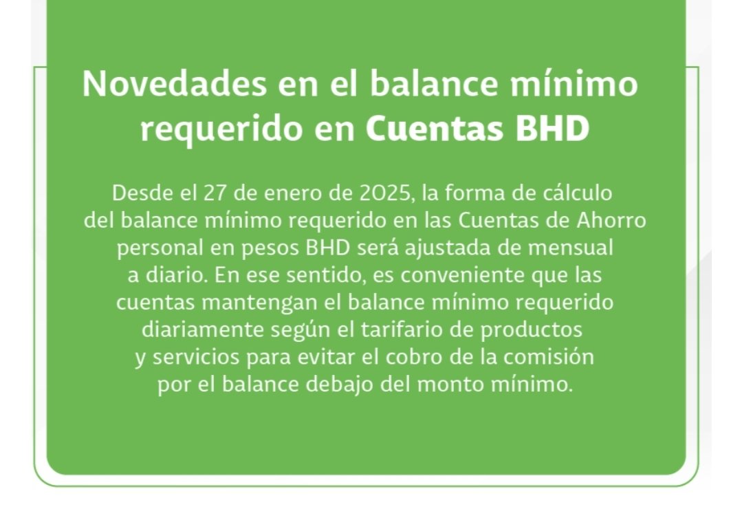 EnriUbiera's tweet photo. Atencion @SuperdeBancosRD es esto legal del @BancoBHD? Ahora no basta con tener un mínimo en las cuentas mensualmente, sino que se hará diariamente. @BancoCentralRD @RDSomosPueblo @ProConsumidorRD @DefensorRD https://t.co/t80wWw9l5k