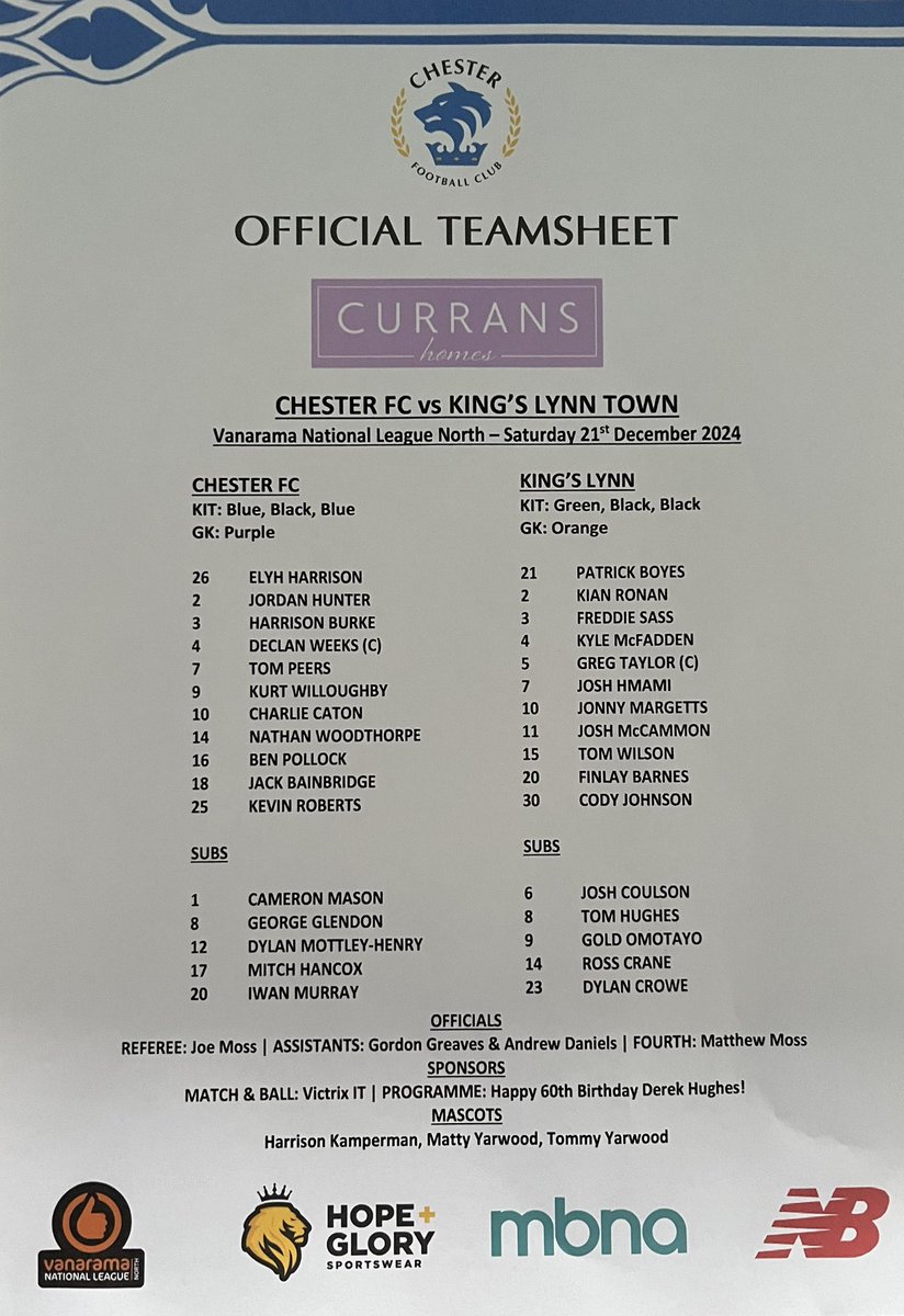 ChesterFC's tweet photo. Here is today’s official teamsheet, sponsored by @curranshomes.

#CFCKLT | #UTS https://t.co/ITMdFSHeZ7