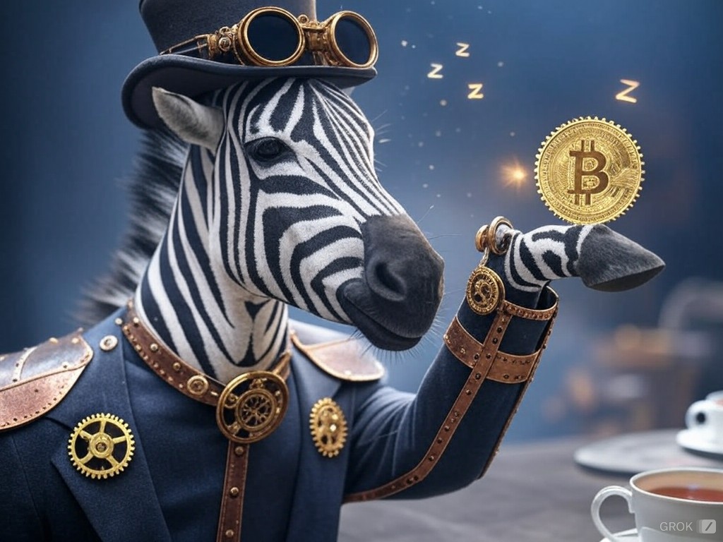 😴 #Steampunk-inspired O'Zebra, dressed in an elegant suit with mechanical details, standing against a dark blue, sparkly background. He's holding a golden #Bitcoin symbol in one hand, with the other hand resting next to a cup of tea on a gear-laden table. Small "Z" symbols float