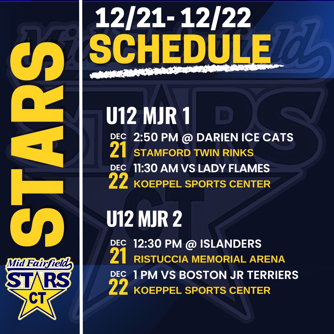 Mid Fairfield CT Stars Schedule 12/21 - 12/22