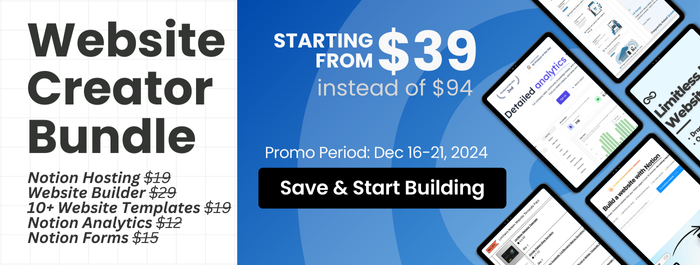 🚨 Last Chance! Build, host, and optimize your Notion website with the Notion Website Creator Bundle.

What you’ll get:
✅ 10+ Templates
✅ Website Builder
✅ Hosting, Analytics, and Forms

danielmarthi.gumroad.com/l/websitecreat…