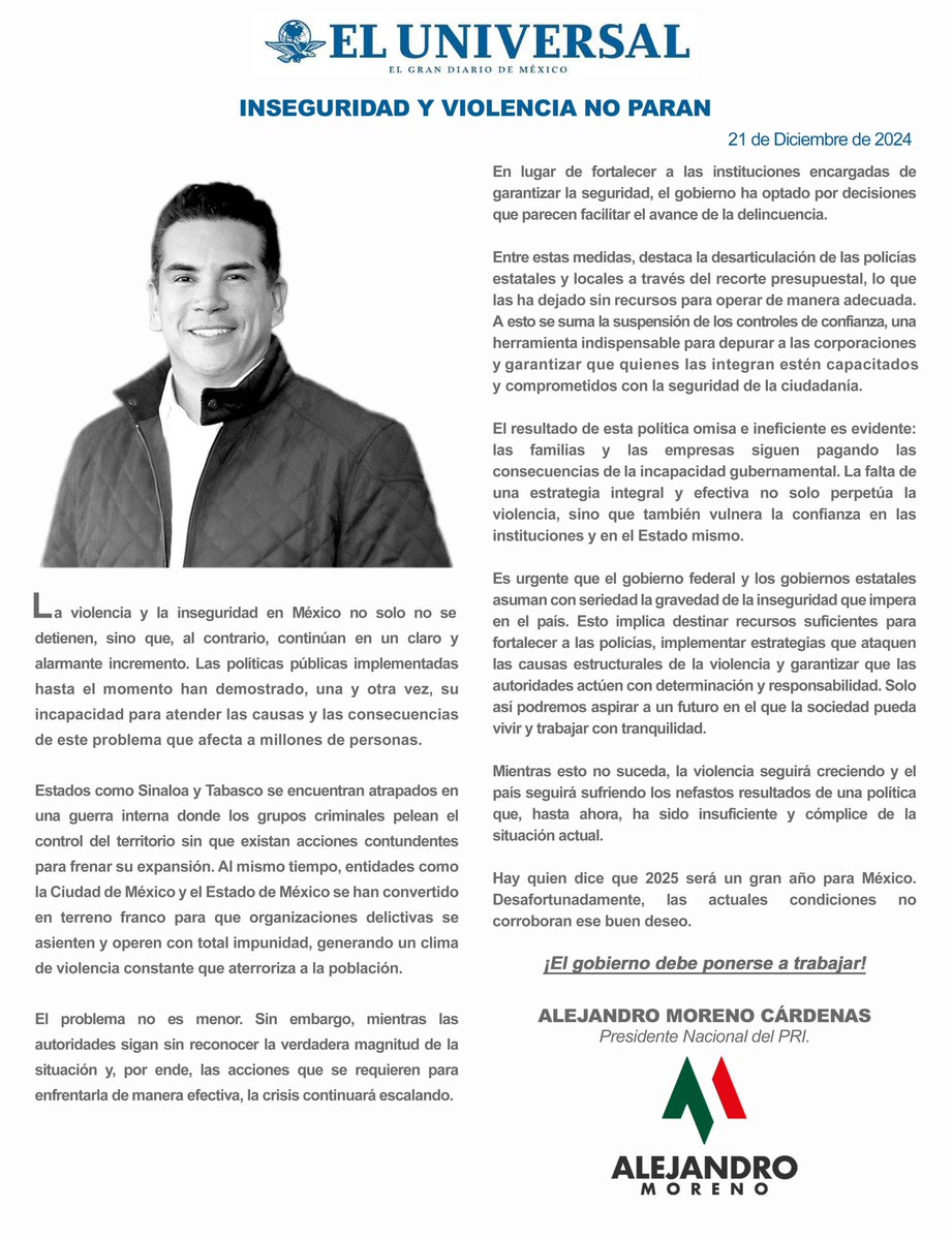 alitomorenoc's tweet photo. La violencia y la inseguridad en México no solo no se detienen, sino que, al contrario, continúan en un claro y alarmante incremento. Las políticas públicas implementadas hasta el momento han demostrado, una y otra vez, su incapacidad para atender las causas y las consecuencias de este problema que afecta a millones de personas.

Te comparto mi opinión en @El_Universal_Mx.

https://t.co/goEdDXltY4