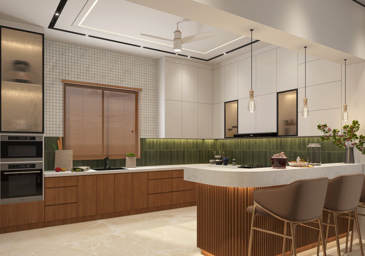 bglavi0801's tweet photo. "Modern kitchen design featuring a warm wood finish, green tile backsplash, sleek white cabinetry, and stylish pendant lighting over a marble countertop island with seating."

#kitchendesign 
#Kitcheninspo
#interior 
#DesignMeetsInnovation https://t.co/ZwQcyxDwbz