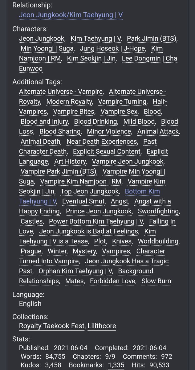 milfitae's tweet photo. Snow, Blood, Night ⭐
@lilithgirlfics

✓84k | complete | explicit 🔞
✿⁠ 500 year old vampire prince jk x half breed vampire th 
✿ forbidden love, modern royalty
✿⁠ blood drinking
✿⁠ fantasy and worldbuilding 
✿⁠ this fic was soo good 💞

🖇️https://t.co/f1a7aluLrO https://t.co/fhYqybt2Yh
