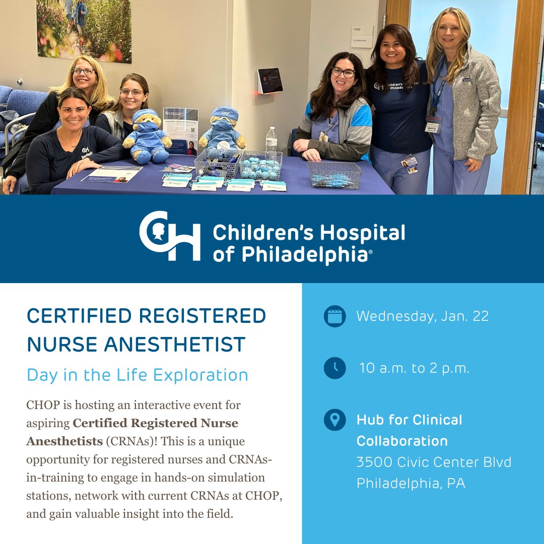 CHOPCareers's tweet image. Join us for a special Day in the Life experience for Certified Registered Nurse Anesthetists (CRNAs)! If you're a #RegisteredNurse or currently training as a #CRNA, this event for you. Spots are limited—register now. 🔗

ms.spr.ly/6016obHKs