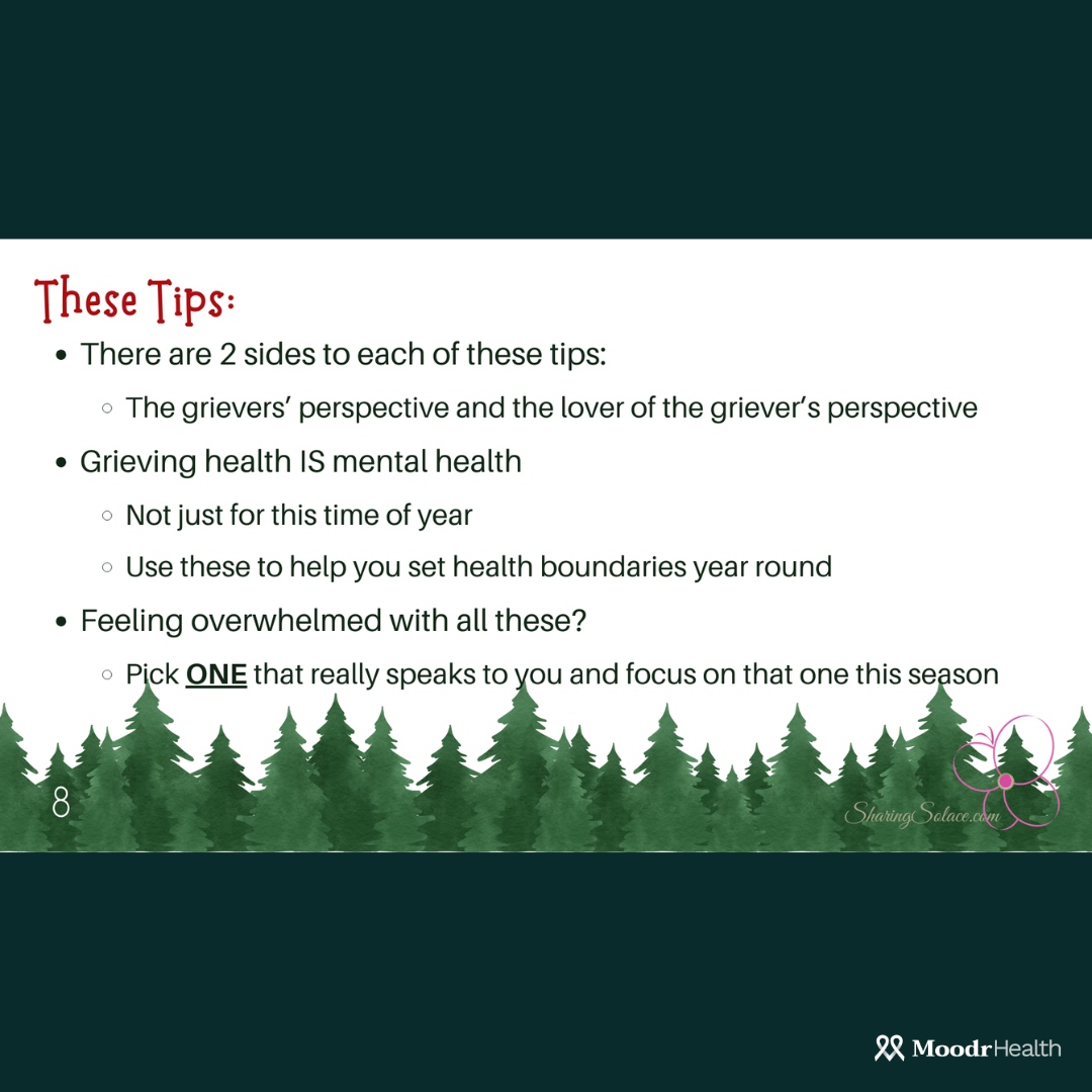 MoodrHealth's tweet image. ✨ Invitations ≠ subpoenas: RSVP “no” if needed.
✨ Show yourself grace—leave early, arrive late, or cancel plans.
✨ Share their stories. Speak their name. Bittersweet memories bring connection.

Thank you, Sharing Solace, for these powerful tips. 
❤️💚🎄 #NavigatingGrief