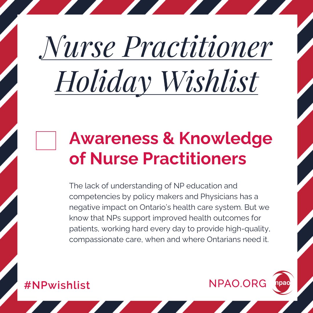 Our 9th wish this season: Awareness and Knowledge of Nurse Practitioners

Follow along &amp; view the entire NP wish list at: loom.ly/Jcv32PA

#NPwishlist #NPAO #NPslead #NursePractitioner #Ontario #OnPoli #NPwish2024