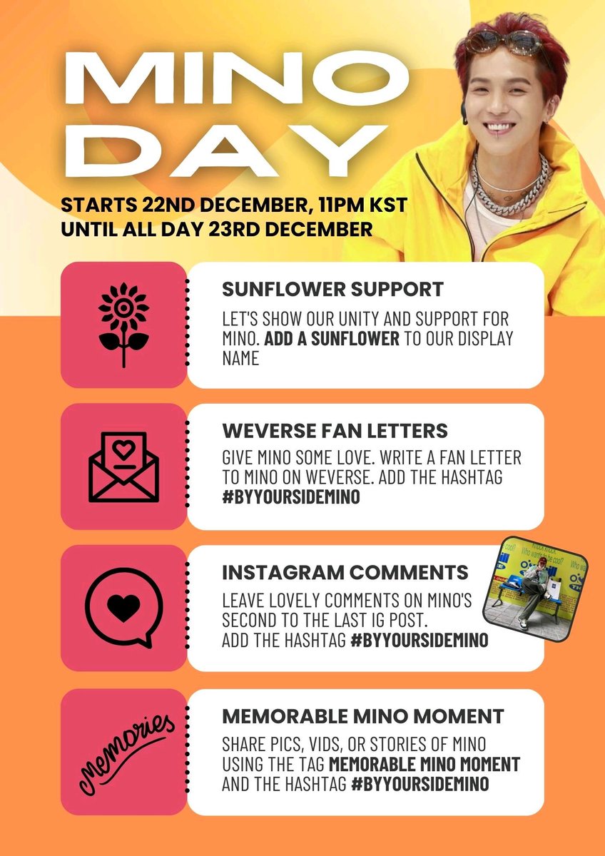 OnlyLookAtMino's tweet photo. [‼️] December 23rd is MINO Day!  
Let's shower Mino with words of encouragement and share the many reasons why we love him!  

Event Start: 22-Dec, 11pm KST 
Duration: All day 23-Dec  

Check the poster for details! 🔽

#MINO #송민호 @official_mino_ #WINNER #위너
@yg_winnercity https://t.co/RPiahIfQdO