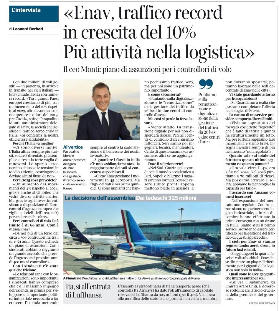 ENAV (@enavspa) on Twitter photo Traffico record (+10%) e più attività nella logistica
<a href="/Corriere/">Corriere della Sera</a> intervista l’AD <a href="/montipasqualino/">Pasqualino Monti</a>
👉 tinyurl.com/3mrkc3w3
🇮🇹✈️👍
#enav #enavpeople #innovatingthesky Traffico record (+10%) e più attività nella logistica
<a href="/Corriere/">Corriere della Sera</a> intervista l’AD <a href="/montipasqualino/">Pasqualino Monti</a>
👉 tinyurl.com/3mrkc3w3
🇮🇹✈️👍
#enav #enavpeople #innovatingthesky