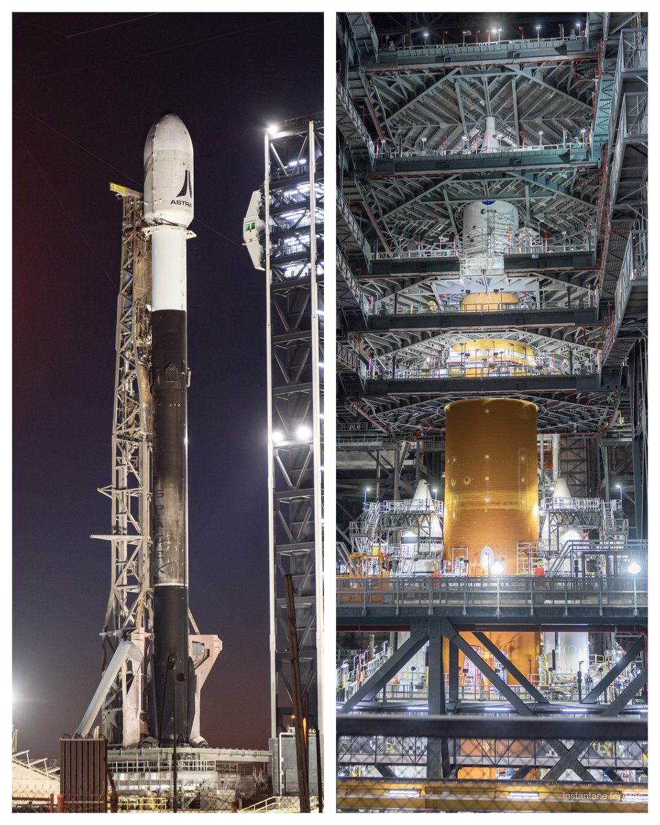 brandonjmphoto's tweet photo. Photographing rockets up close. Same day, 3 years apart. Left - #SpaceX #Falcon9 at SLC-40 on December 20, 2024. Right - #NASA #SpaceLaunchSystem (#SLS) inside the #VehicleAssemblyBuilding December 20, 2021. https://t.co/ravQw8c3PW