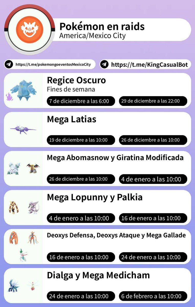 🌠 Pokémon en raids
America/Mexico City

Telegram: t.me/pokemongoevent…

#PokemonGO #Evento