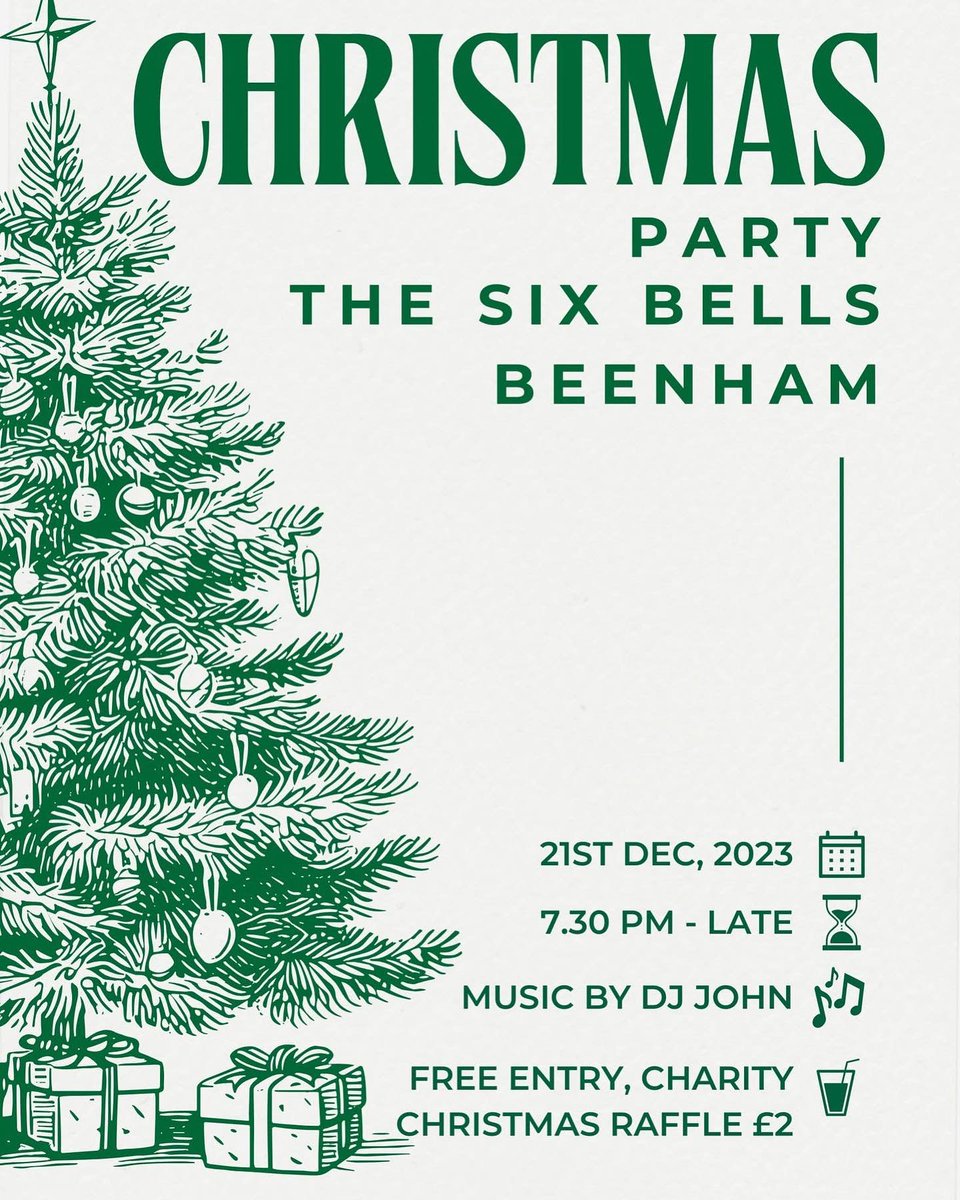 The Six Bells, Beenham
Saturday 21st Dec: The Christmas Party
Get into the festive spirit with us! 📷
📷 DJ John spinning all your favorite tunes
📷 A night full of holiday cheer and good vibes
📷 Christmas charity raffle for £2
(posted on Facebook: facebook.com/thesixbellsbee…