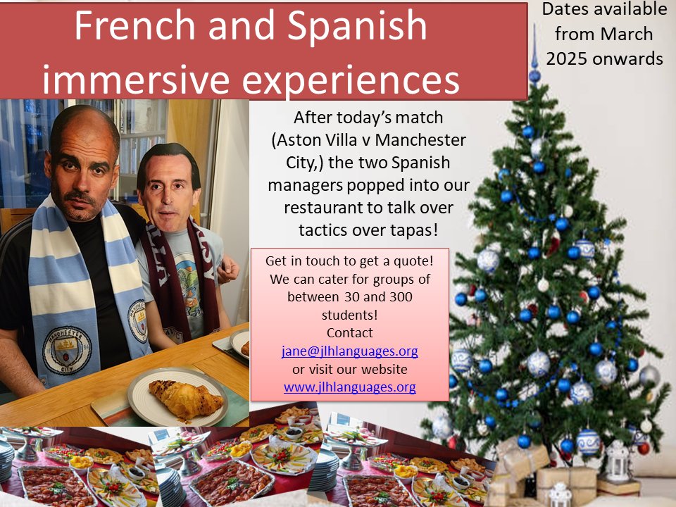 As we celebrate an Aston Villa win here in the Midlands, we received an unexpected visit from the 2 Spanish managers! We hope that they enjoy our tapas as much as we enjoyed the match!
More information experiences on our website: jlhlanguages.org